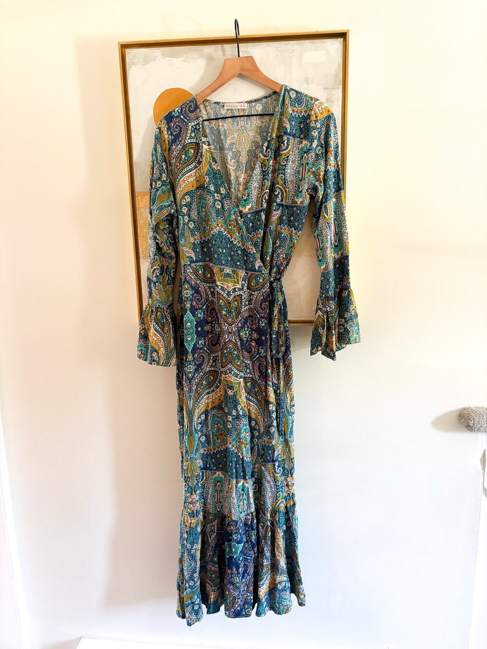 R. Vivimos Boho Paisley Maxi Wrap Dress Medium Blue Cottagecore Festival